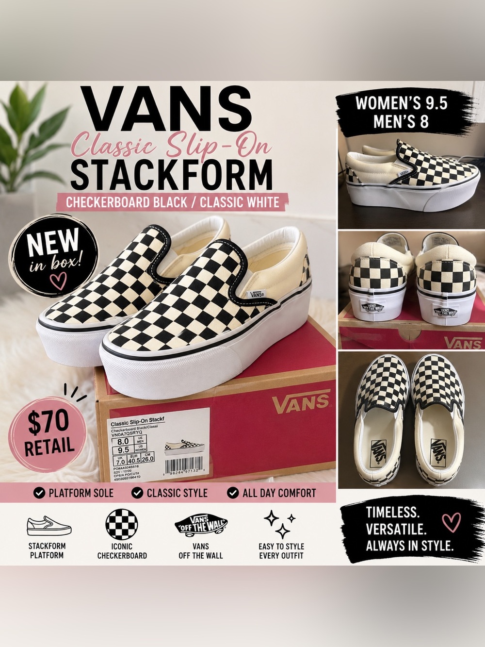 NIB Vans Classic Slip-On Stackform Checkerboard Platform Shoes Women’s 9.5